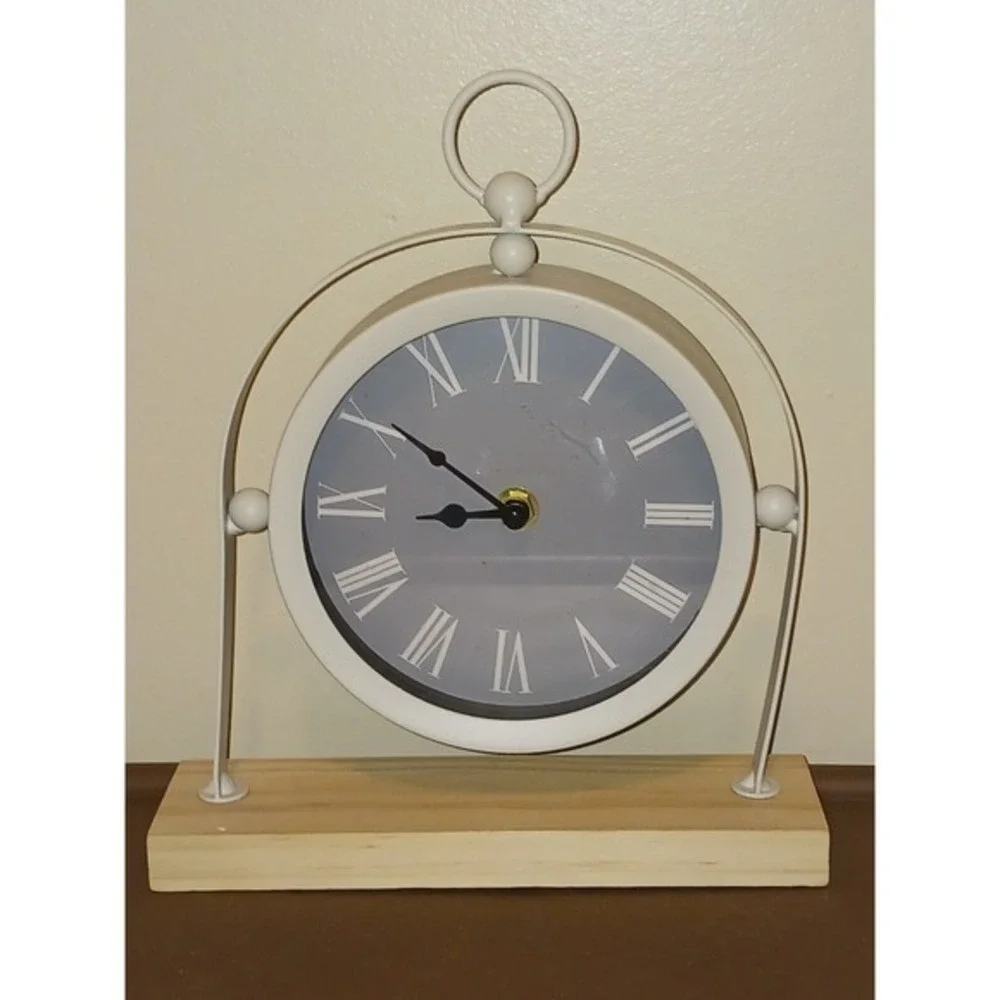 Round Clock Roman‎ Numeral On Wood With White Metal Frame Desk Clock Tested